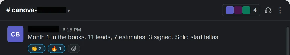 Client month one results: 11 leads, 7 estimates, 3 signed.