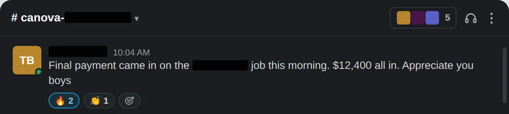 Final payment of 12,400 dollars came in on a client job.