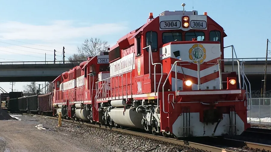Terminal Railroad Association of St. Louis freight train passing beneath the Hampton Avenue viaduct