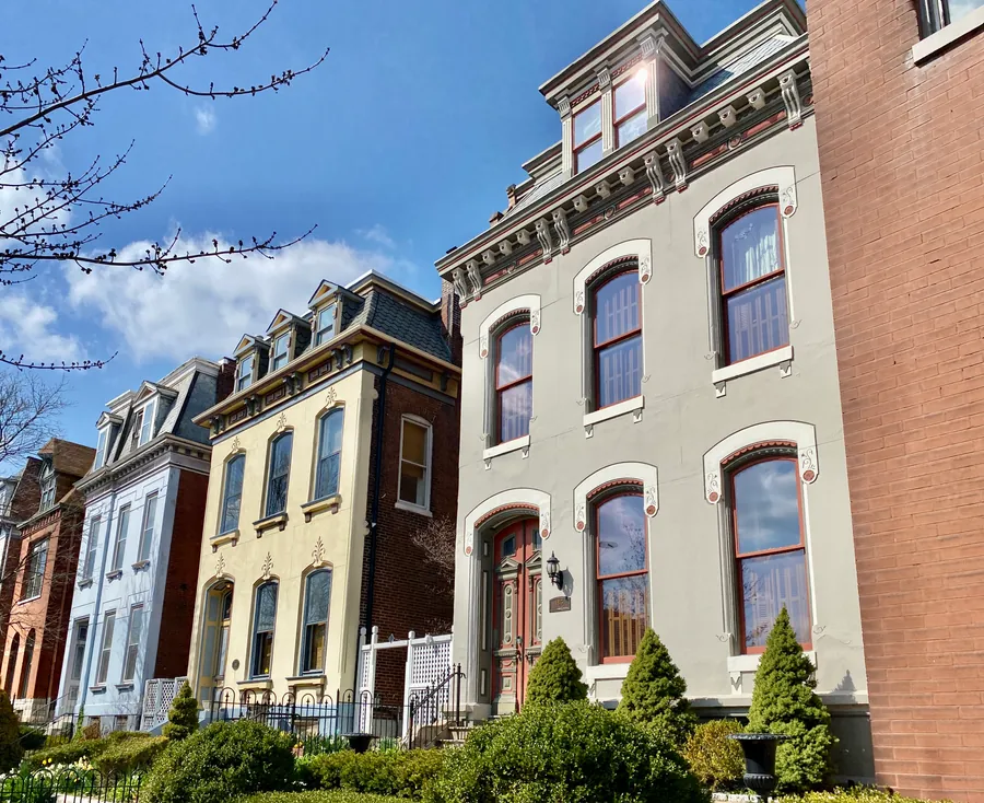 Red brick townhouses on Lafayette Avenue in the Lafayette Square neighborhood of St. Louis