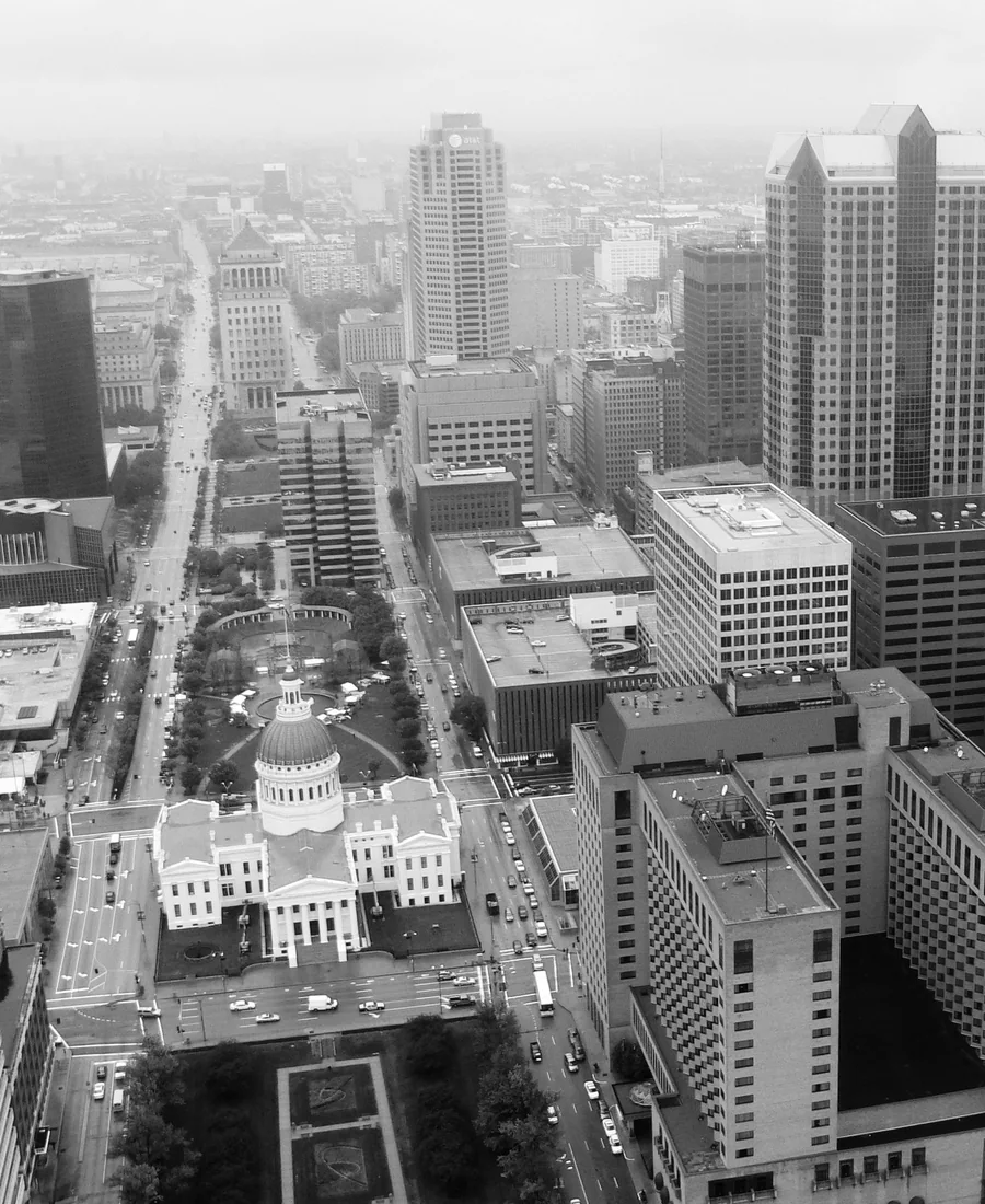 Aerial black and white view of downtown St. Louis and the Mississippi River corridor